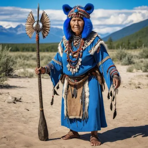 an elderly female medieval tribal shaman of a blue bear clan,mapuche,mongolian girl,mongolia eastern,mongolians,mongolian,inner mongolian beauty,kunzang,intertribal,tsewang,hmong,kazakh,tsagaan,shaman