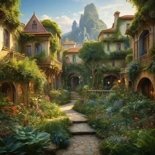 fantasy landscape,aurora village,kinkade,deltora,sylvania,knight village,fairy village,home landscape,fantasy picture,rivendell,merida,riftwar,mirabilis,terrapass,escher village,theed,citadels,alpine village,mountain settlement,shire,Conceptual Art,Fantasy,Fantasy 05