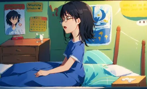 Caroline with her long black hair and glasses, wearing sleeping clothes. on the bed,an anime character sitting on her bed with her hand up,hikikomori,sonoda,tsukihime,anime 3d,watsuki,anime cartoon,An