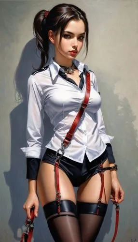 a women in stockings holding up two leashes while posing for a po,suspenders,jodhpurs,tied up,xiaoyu,caning,suspender,belt with stockings,tie,kazumi,school skirt,headmistress,katana,vidya,asami,fraule