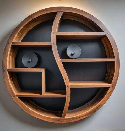 a yin yang wall shelves made of wood and metal,circular shelf of books with two lit candles in a room,tsuba,roundels,wall lamp,gallifreyan,wall light,circle design,Photography,General,Fantasy