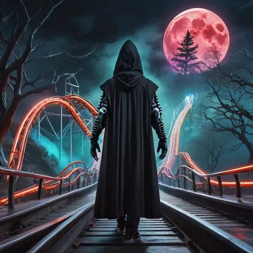 grimm reaper,adventure bridge,halloween background,hangman's bridge,dethklok,gatekeeper,horrorland,moonsorrow,scythe,necromancer,the mystical path,grim reaper,oscura,halloween poster,ravenloft,fantasy picture,dark park,deadman,halloween wallpaper,halloween and horror,Conceptual Art,Sci-Fi,Sci-Fi 24