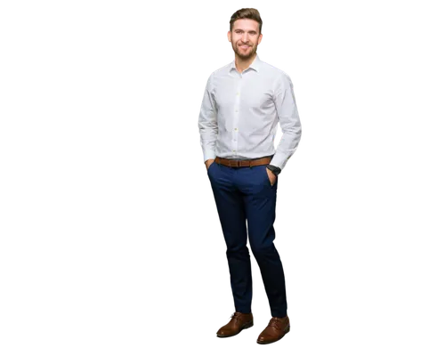 Free manager, business casual, standing, hands in pockets, white shirt, dark blue trousers, black leather belt, brown dress shoes, confident smile, messy short hair, subtle facial hair, indoor office 