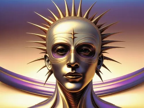 an image of a very strange woman with spikes,silico,sirian,golden mask,sycorax,transhuman,gynoid,Illustration,Realistic Fantasy,Realistic Fantasy 33