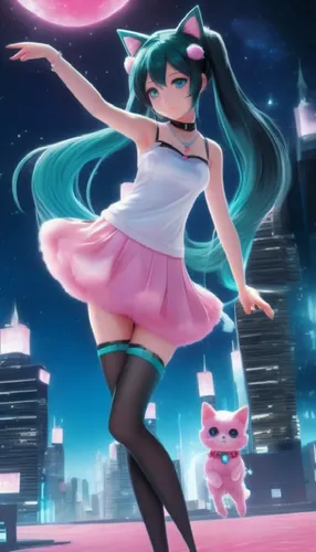 a girl standing in front of a cat in a city,hatsune miku,miku,hatsune,michiru,mikulic,mikuriya