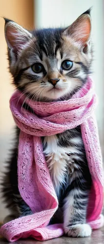 Cute kitten waiting to be feed, wearing pink scarf,scarf animal,scarf,wrapped up,pink cat,cute cat,animals play dress-up,blossom kitten,tabby kitten,kitten hat,warm and cozy,cat image,beautiful bonnet