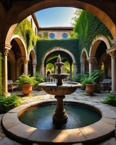 courtyards,inside courtyard,courtyard,mcnay,hacienda,patio,cloister,philbrook,stanford university,garden of the fountain,floor fountain,patios,alhambra,dorne,stanford,maximilian fountain,monastery garden,decorative fountains,fountain lawn,spa water fountain,Art,Artistic Painting,Artistic Painting 34