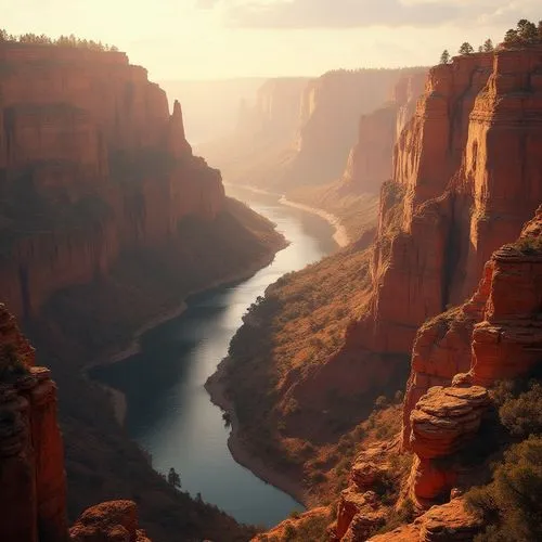 Grand canyon-inspired scenery, vast open space, warm orange-red rock formations, layered strata, steep cliffs, deep valleys, winding rivers, misty atmosphere, golden hour, soft warm light, cinematic c