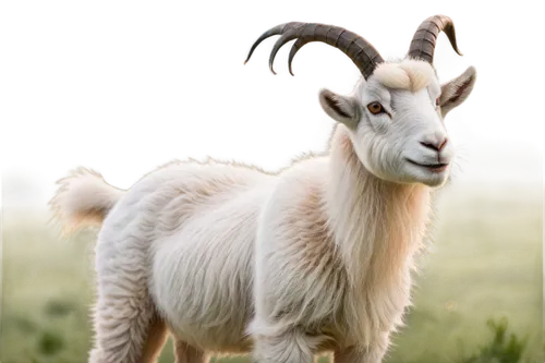 goat, farm animal, furry, white beard, curved horns, brown eyes, fluffy ears, standing, grassland, morning dew, soft sunlight, 3/4 composition, shallow depth of field, warm color tone, cinematic light