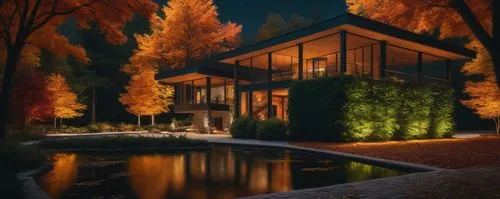 house in the forest,3d rendering,house with lake,home landscape,night scene,forest house,Photography,General,Fantasy