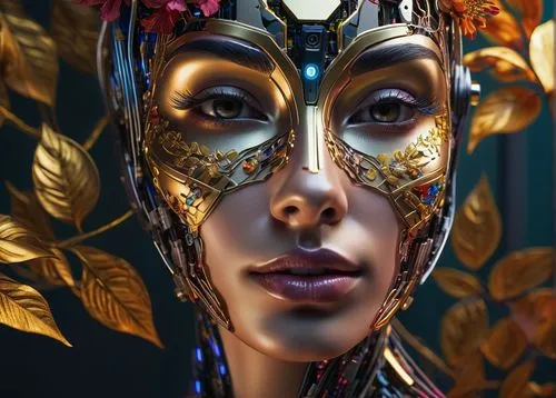 golden mask,gold mask,masquerade,amidala,venetian mask,mascarade,fantasy portrait,gilded,polychromed,khora,biomechanical,cosmetic,light mask,gold leaf,foil and gold,face paint,render,golden crown,cyborg,gold paint stroke,Photography,Artistic Photography,Artistic Photography 08