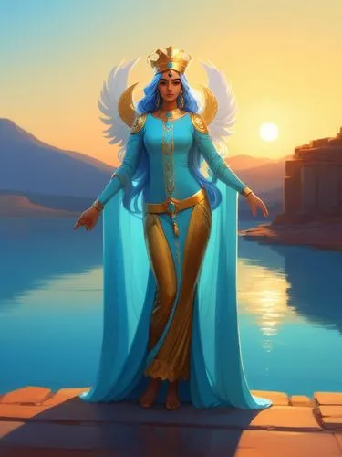 2D concept art, character design, ancient persian goddess, Achaemenid era, light blue hair, silver crown, see-through long sleeve Achaemenid dress, guardian of water, heroic,  charismatic, persian,an 