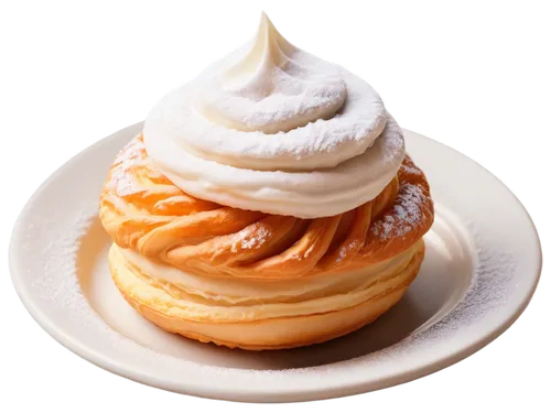 Delicious Cream Puff, pastry shop, solo, sweet dessert, golden brown, creamy white filling, powdered sugar, delicate swirls, soft focus, shallow depth of field, warm lighting, 3/4 composition, macro p