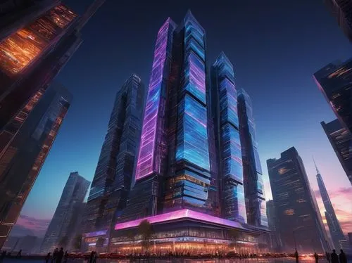 Novas architectural, futuristic skyscraper, sleek metallic exterior, towering high-rise building, intricate circuitry patterns, neon lights illuminating the facade, holographic advertisements floating