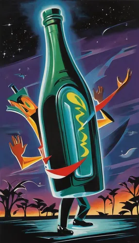 bottle of oil,beer bottle,poison bottle,wine bottle,the bottle,drift bottle,glass painting,glass bottle,gas bottle,isolated bottle,bottle,tequila bottle,bottle fiery,gas bottles,bioluminescence,empty bottle,lava lamp,magic hat,spray bottle,oil on canvas,Illustration,Retro,Retro 12