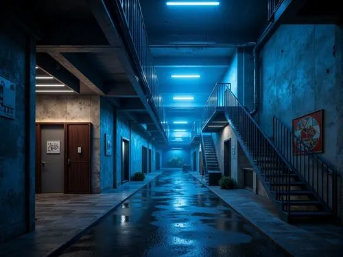 corridors,3d render,alleyway,hallway,alley,corridor,penumbra,alleyways,basement,dorms,warehouse,passage,empty hall,render,empty factory,3d rendered,industrial hall,blue light,corpus,blue room