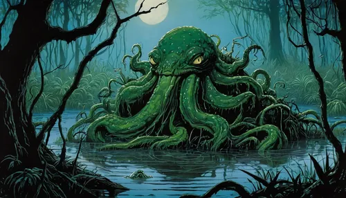 kraken,patrol,the ugly swamp,swamp,swampy landscape,bayou,slimy,octopus,sea monsters,water creature,tentacles,three-lobed slime,cuthulu,tentacle,monkey island,rusalka,anahata,cephalopod,swamp football,nuphar,Illustration,Black and White,Black and White 17