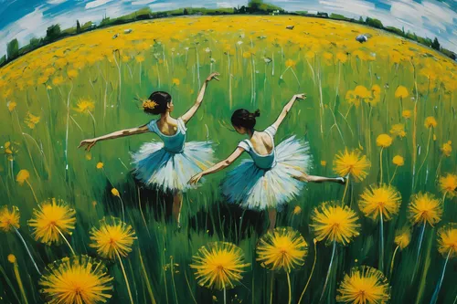 la danse classique des pissenlits danseurs dans le pré  - du mouvement, de la vitesse, peinture style degas,flying dandelions,dandelion meadow,dandelion field,daffodil field,ballerinas,daisies,yellow 