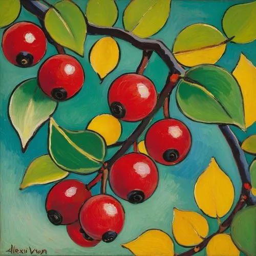 crabapples,fruit tree,red berries,jewish cherries,holly berries,cherries,Art,Artistic Painting,Artistic Painting 36