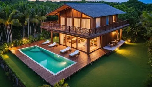 A tiny beach house in Bahia, Brazil. It features an extensive lawn, a pool, and a tall house with abundant use of wood and glass,pool house,holiday villa,tropical house,house by the water,bali,beautif