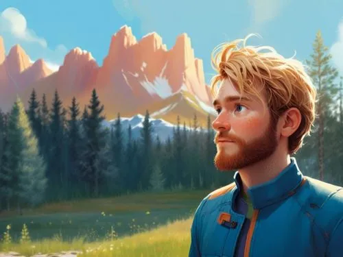 a 2d drawing, vector style of a 30 year old man. He has brown hairs and a brown beard,a painting of a man with blonde hair and beard, in front of some mountains,the spirit of the mountains,denali,worl