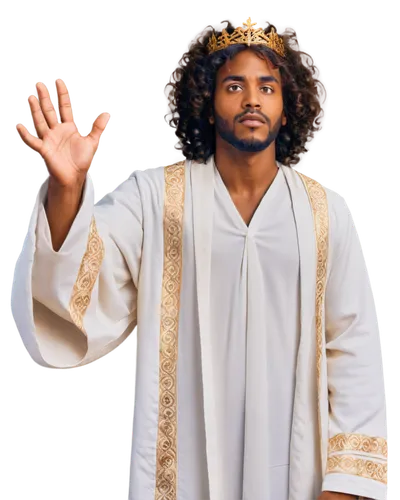 Black Jesus, afro hairstyle, brown eyes, gentle facial expression, golden crown, white robe with intricate designs, bare feet, standing, palms up, praying, warm lighting, soft focus, shallow depth of 