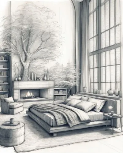 Inspiring bedroom sketch,a large drawing of a bedroom with a fireplace and lots of bookshelves,livingroom,reading room,bookcases,modern room,living room,home interior,Illustration,Black and White,Blac