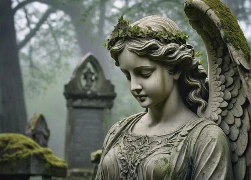 Ancient, worn, weathered headstone, ornate Gothic style, intricately carved angel statue on top, delicate vines wrapping around the edges, moss covered, cracked surface, faded golden lettering, names 