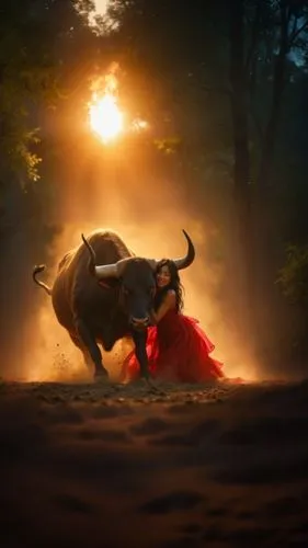 woman and bull in an open field at sunrise,kalaripayattu,jallikattu,varaha,kambala,hunting scene,motorstorm