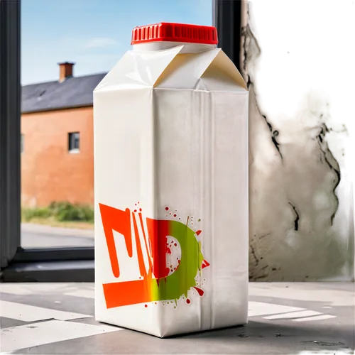 White milk carton, empty space where label should be, glossy paper material, creased edges, worn-out handle, semi-transparent plastic window, 3/4 composition, shallow depth of field, soft natural ligh