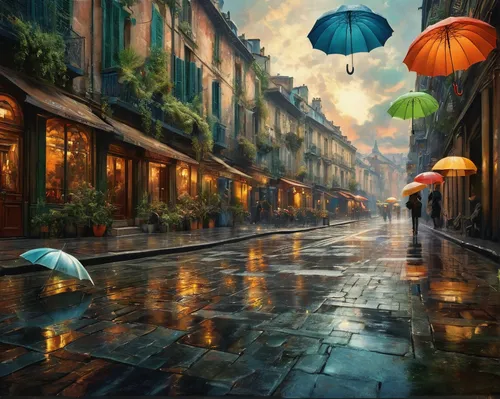 umbrellas,world digital painting,walking in the rain,man with umbrella,after rain,evening atmosphere,fantasy art,rainy day,rainstorm,summer umbrella,fantasy picture,after the rain,rainy,brolly,raining,light rain,art painting,rain,umbrella,little girl with umbrella,Conceptual Art,Fantasy,Fantasy 05