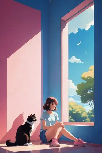 A cute girl with her cat sitting on the floor, Ghibli style, simple, cute, simple background, using pink colors, shadows of trees in the sky, woman's cute shoes, anime art style, blue wall behind her,