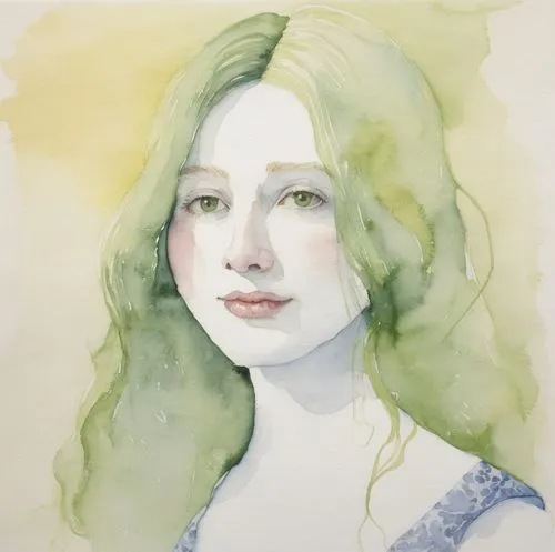 a painting of a woman with green hair,chryste,peignoir,white lady,kokia,foujita,melusine,Illustration,Paper based,Paper Based 22