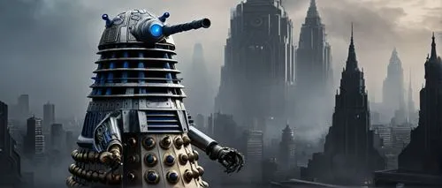 Humanoid Dalek, robotic body, silver and bronze armor, glowing blue eye stalk, intricate mechanical details, futuristic design, sleek and menacing, cityscape background, dark and gritty atmosphere, sm