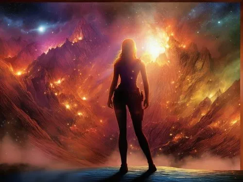 an abstract scene with a woman looking into the distance,samuil,fire background,universo,nakshatras,extradimensional,ashtar,Illustration,Realistic Fantasy,Realistic Fantasy 25