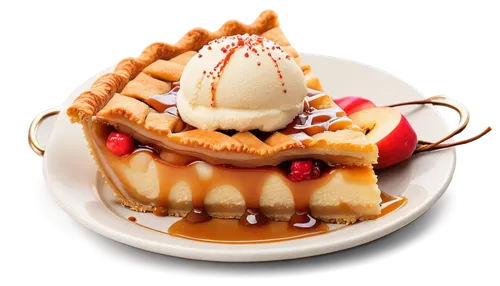 Warmly lit apple pie, golden crust, juicy red apples, sweet vanilla ice cream, caramel drizzle, sprinkled cinnamon, classic dessert, still life composition, shallow depth of field, softbox lighting, w