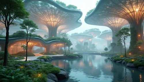 futuristic landscape,ecotopia,biopiracy,biospheres,mushroom landscape,futuristic architecture,biomes,arcology,philodendrons,amazonica,alien world,futuristic art museum,garden by the bay,biome,rivendell,fantasy landscape,cardassia,biodome,topia,gardens by the bay,Photography,General,Realistic