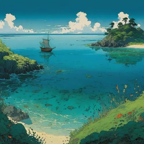 studio ghibli,ghibli,yazaki,ponyo,miyazaki,nausicaa,an island far away landscape,archipelago,sea landscape,kei islands,isle,ocean,boat landscape,underwater landscape,fantasy landscape,the island,yamatai,islands,tropical sea,archipelagos