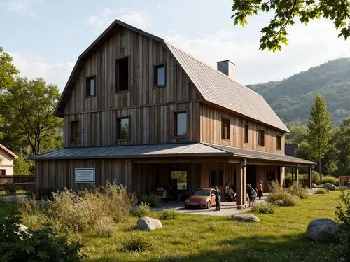 Rustic barn, wooden planks, distressed textures, earthy tones, stone foundations, metal roofing, vintage farm equipment, overgrown gardens, wildflowers, sunny afternoon, warm soft lighting, shallow de