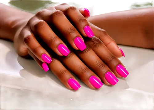 Close-up, female hands, manicured nails, bright pink nail polish, shiny finish, ring finger adorned with golden ring, delicate fingers, soft focus background, warm lighting, 3/4 composition, shallow d