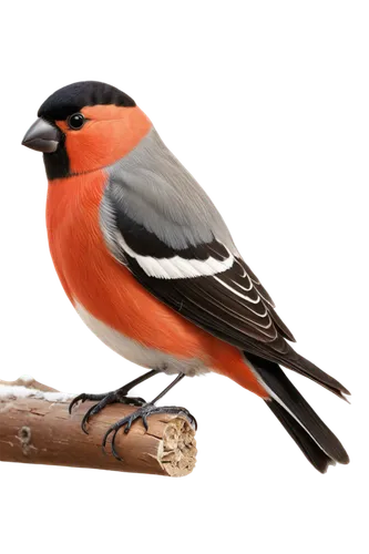 Bullfinch, bird, European, winter plumage, greyish-brown back, white underside, black cap, red face, black wings, forked tail, perched, solitary, close-up, detailed feathers, soft focus, natural light