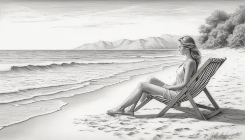 beach chair,deckchair,the beach pearl,man at the sea,deck chair,beach landscape,beach furniture,beach chairs,sunlounger,woman sitting,charcoal drawing,figure drawing,girl on the dune,beach scenery,beach background,mermaid background,pencil drawings,the beach-grass elke,game drawing,graphite,Illustration,Black and White,Black and White 30