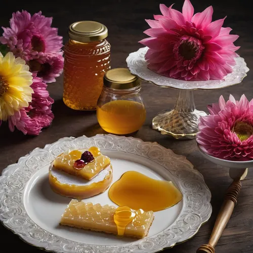 Create a recipe for a delectable dessert that highlights the unique flavors of flower honey, perfect for a fancy dinner party.,honey products,mystic light food photography,food styling,edible flowers,