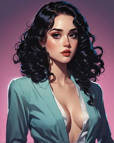 veronica from riverdale A fair-skinned, pretty girl with big eyes and double eyelids, very long eyelashes, delicate makeup, and long black curly hair，by Brian Stelfreeze,eldena,selina,retro woman,zata