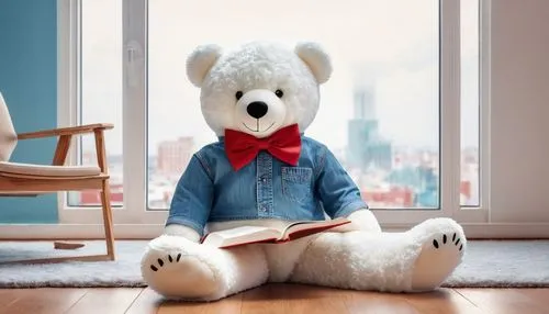 Teddy bear, cute, sitting, reading book, glasses, round face, fluffy white fur, red bow tie, blue jeans, white sneakers, modern minimalist interior, wooden floor, beige couch, floor lamp, teddy bear-s