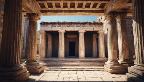 Ancient Greek temple, traditional pillar design, Doric columns, intricately carved capital, ornate architrave, weathered stone material, rough texture, symmetrical structure, grand entrance, stairway 