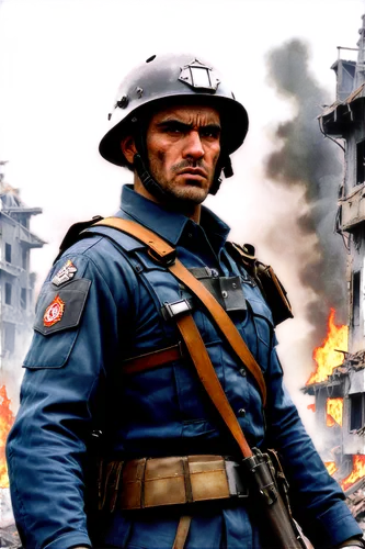 War scene, ruined cityscape, destroyed buildings, rubble and debris, smoke and flames, mature male soldier, worn combat uniform, helmet, rifle, bandolier, scars on face, determined expression, strong 