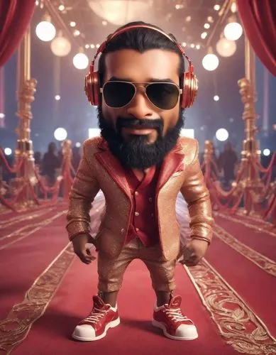 Rapper DJ ,the illustration shows a man wearing headphones and a red suit with gold pants,ranveer,khilji,maharajadhiraja,zanjeer,balasaheb,jadeja,chartbuster,subbaraman,anirudh,prithviraj,nav,virat ko