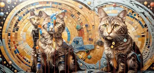 rain cats and dogs,bastet,archangels,cat pageant,celestials,shamanic,wolfsonian,stargates,shamanism,female hares,shamans,hares,lynxes,glass painting,triptych,felids,tapestries,pacitti,indigenous painting,reincarnates