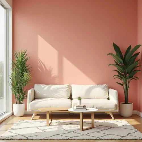 Minimalist living room, coral accent wall, creamy white sofa, sleek low-profile coffee table, geometric patterned rug, potted tropical plants, floor-to-ceiling windows, natural light pouring in, subtl